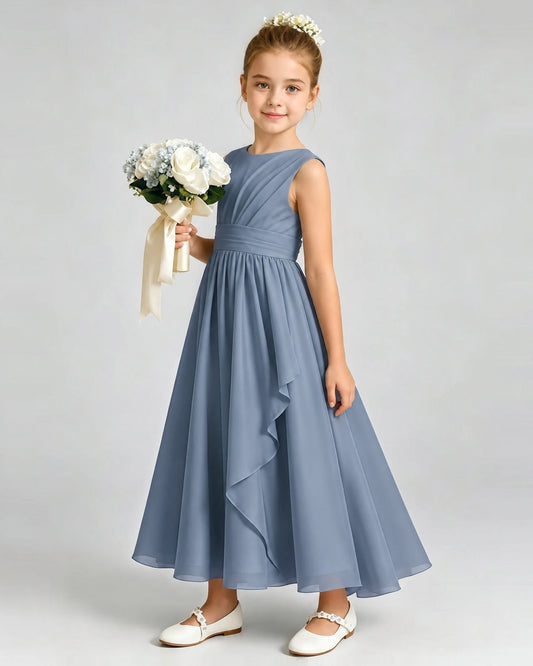 Dusty Blue Chiffon A-line Junior Bridesmaid Dress Front View