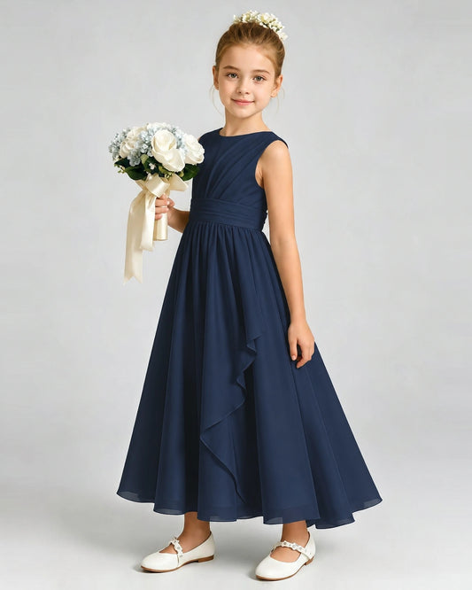 Navy Blue Chiffon A-line Junior Bridesmaid Dress Front View