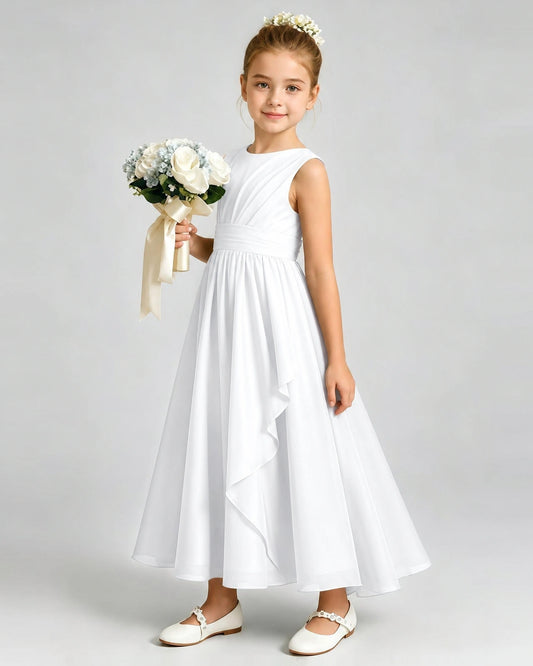 White Chiffon A-line Junior Bridesmaid Dress Front View