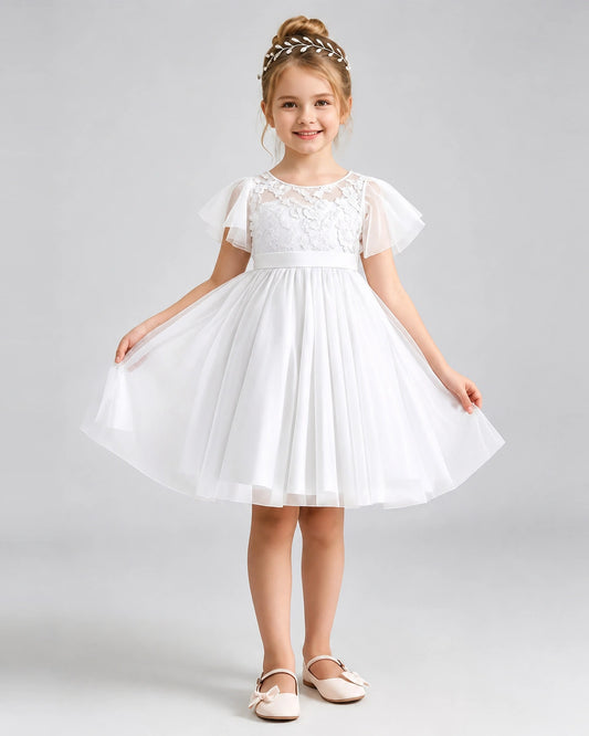White Tulle A-line Flower Girl Dress Front View