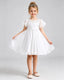 White Flower Girl Dress Flutter Sleeve Lace Bow Tulle Knee-Length Dress Front View