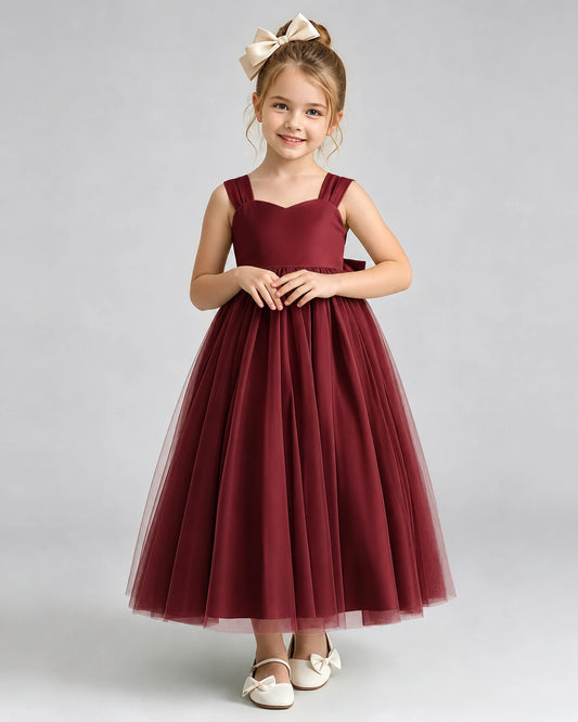 Burgundy Tulle A-line Flower Girl Dress Front View