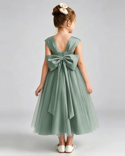 Eucalyptus Tulle A-line Flower Girl Dress Back View
