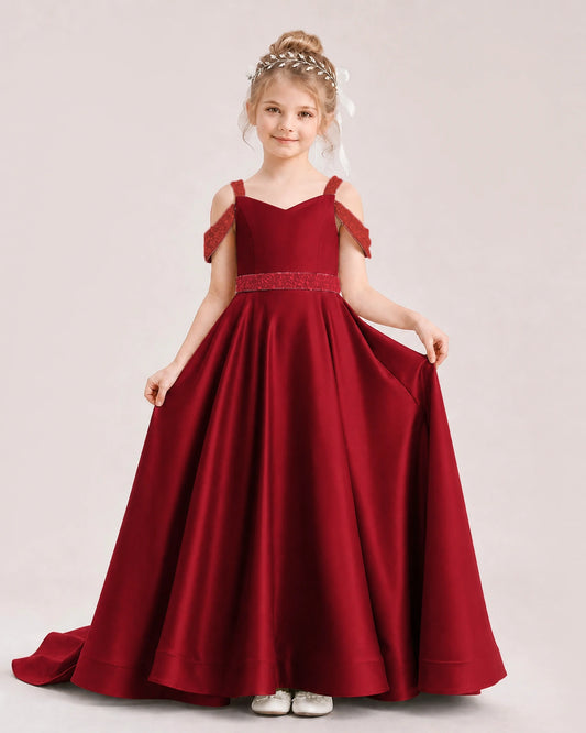 Burgundy Satin A-line Pageant Dress Front View