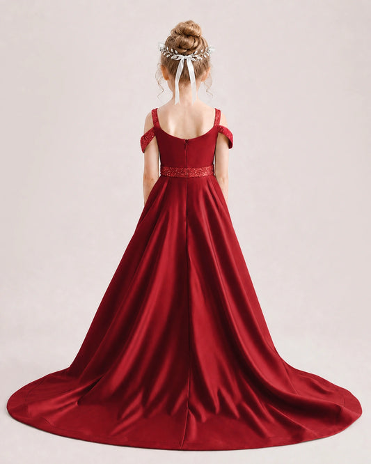 Burgundy Satin A-line Pageant Dress Back View