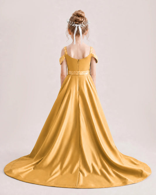 Gold Satin A-line Pageant Dress Back View