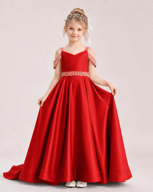 Red Satin A-line Pageant Dress Front View
