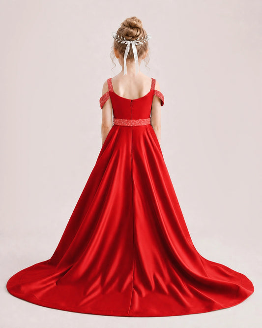 Red Satin A-line Pageant Dress Back View