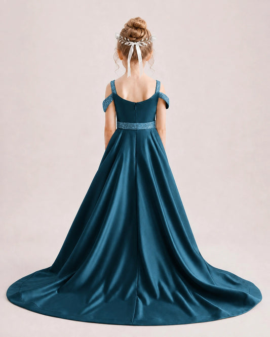 Teal Satin A-line Pageant Dress Back View