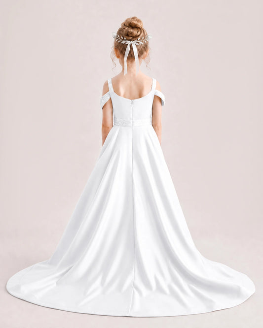 White Satin A-line Pageant Dress Back View