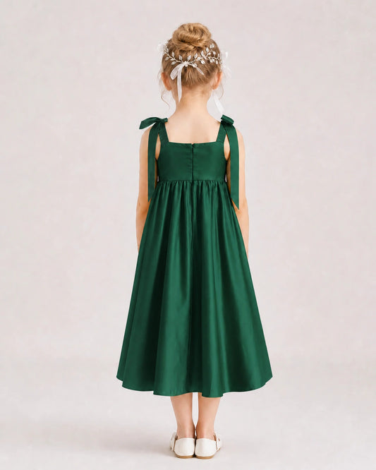 Dark Green Satin A-line Girls Formal Dress Back View