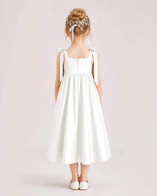 Ivory Satin A-line Girls Formal Dress Back View