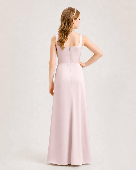 Blush Pink Satin A-line Junior Bridesmaid Dress Back View