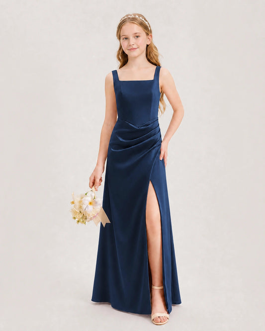 Navy Blue Satin A-line Junior Bridesmaid Dress Front View