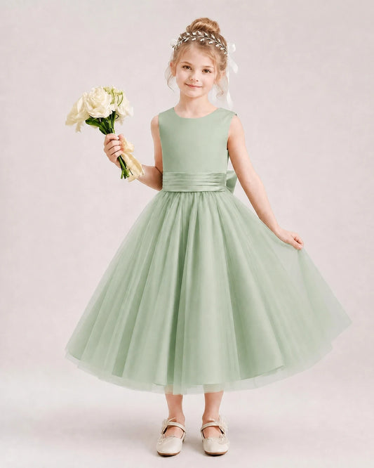 Sage Green Satin and Tulle A-Line Flower Girl Dresses Front View