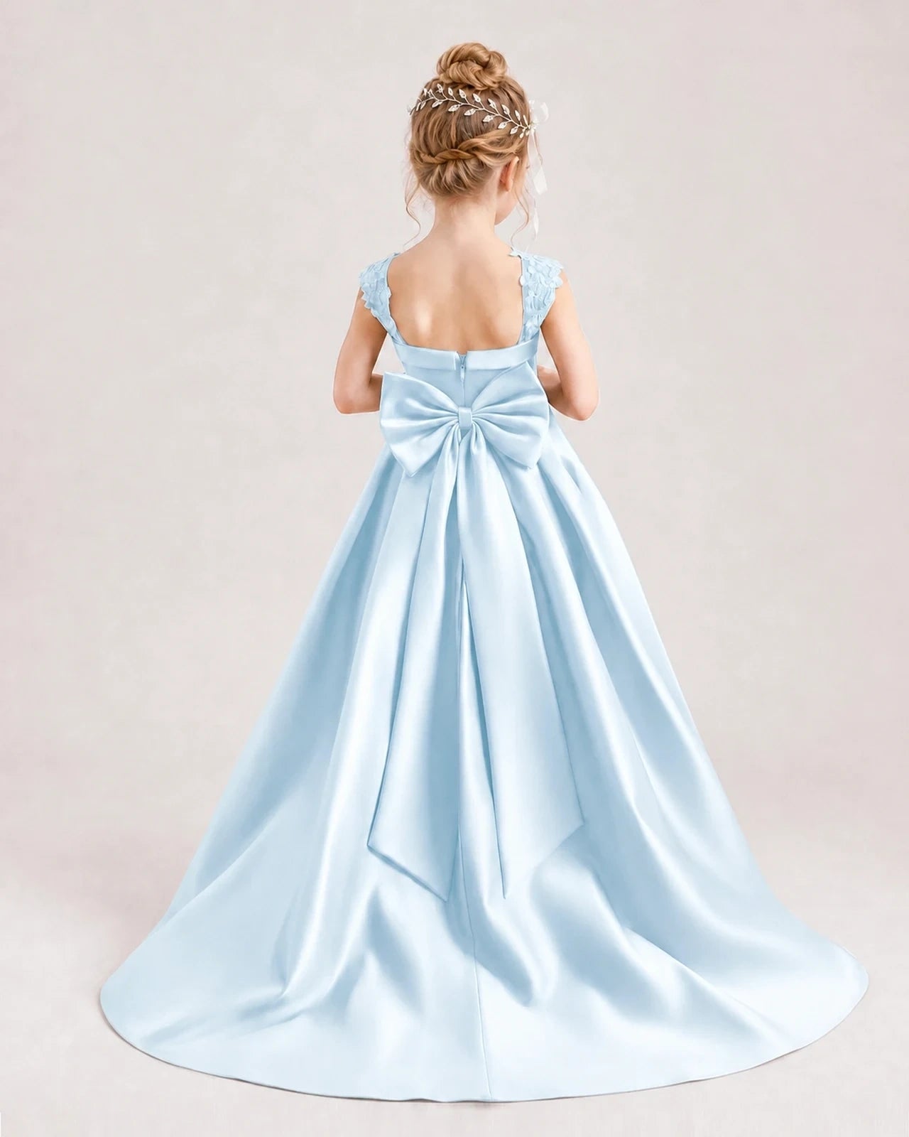 Dideyttawl Pleated Satin Flower Girl Dress with Lace Straps and Big Back Bow