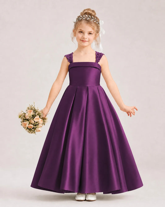 Grape Satin A-Line Flower Girl Dresses Front View