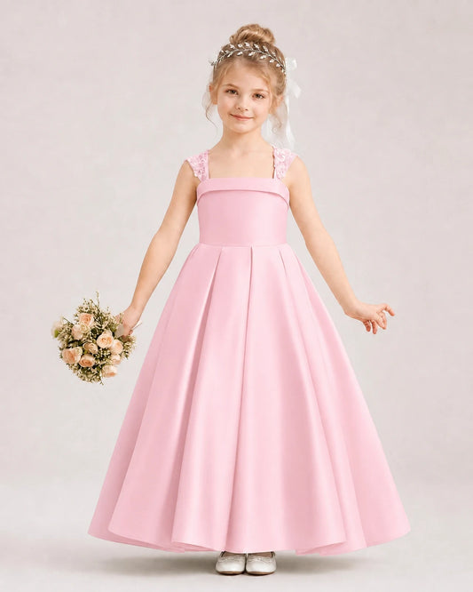 Pink Satin Pleated Flower Girl Dresses Front View