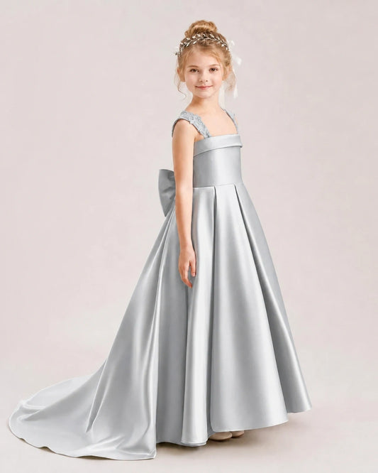 Silver Satin A-Line Flower Girl Dresses Side View