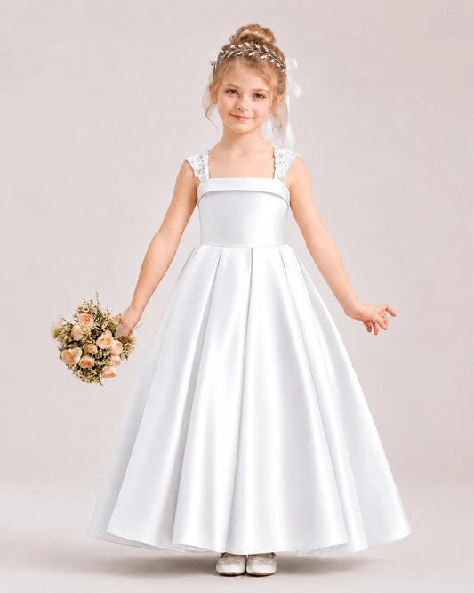 White Satin Flutter Sleeve Flower Girl Dress Front View