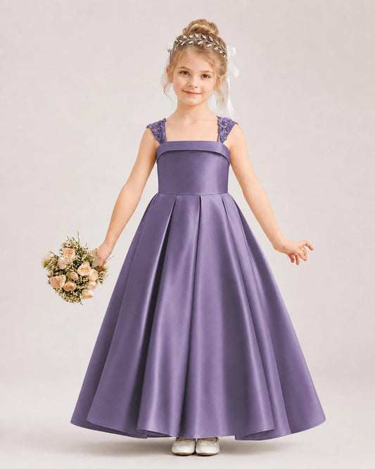 Dideyttawl Pleated Satin Flower Girl Dress with Lace Straps and Big Back Bow