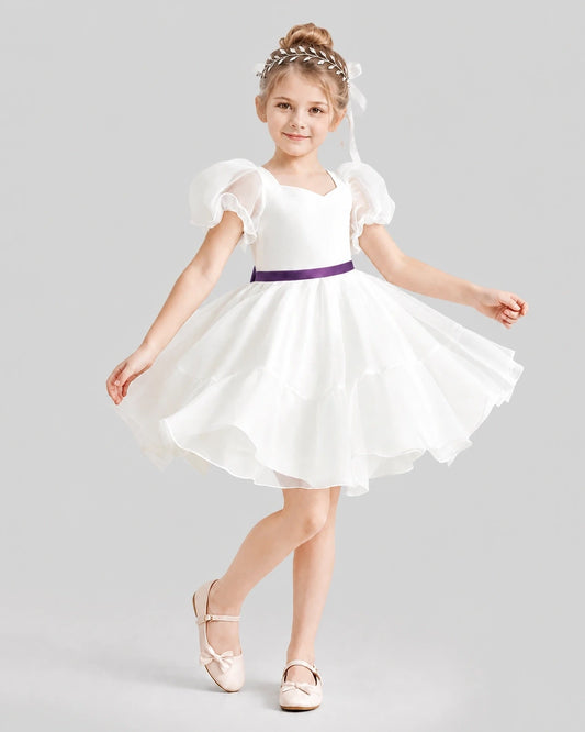 Grape Satin A-line Flower Girl Dresses Side View