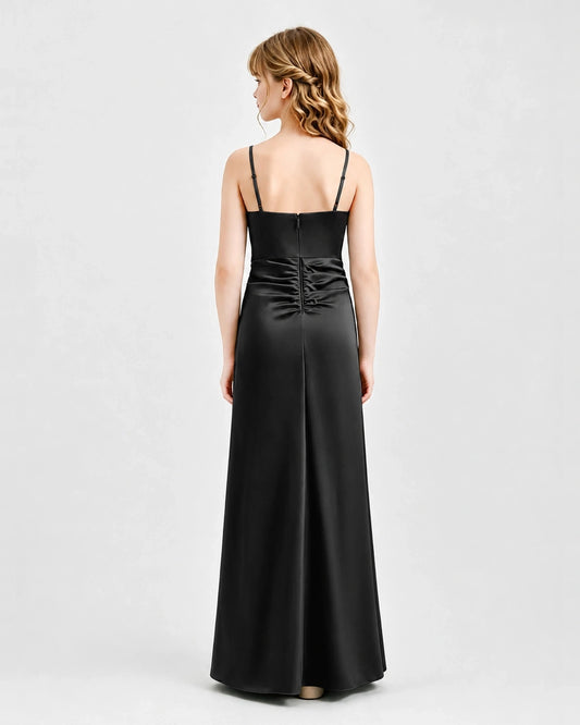 Black Satin A-line Junior Bridesmaid Dress Back View