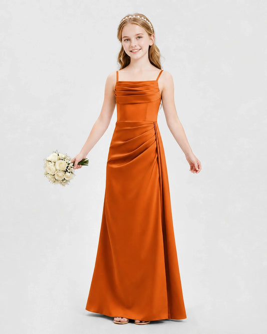 Burnt Orange Satin A-line Junior Bridesmaid Dress Front View