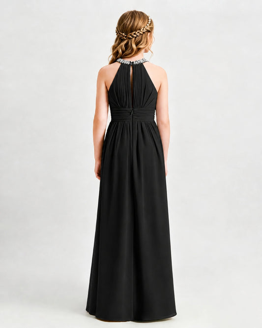 Black Chiffon A-line Junior Bridesmaid Dress Back View
