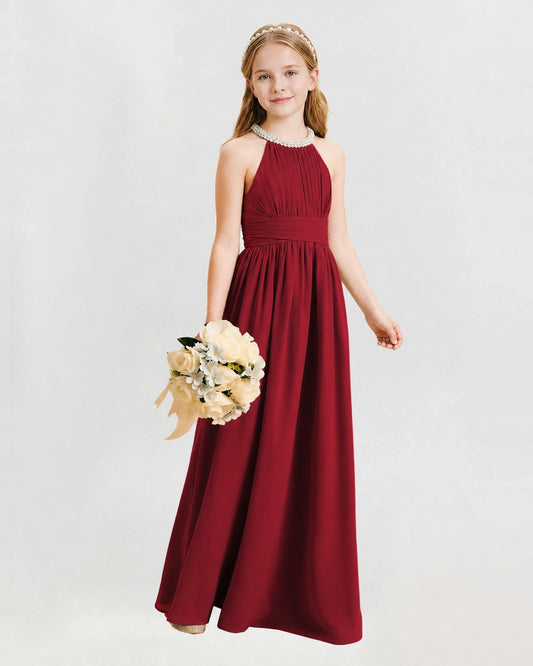 Burgundy Chiffon A-line Junior Bridesmaid Dress Front View