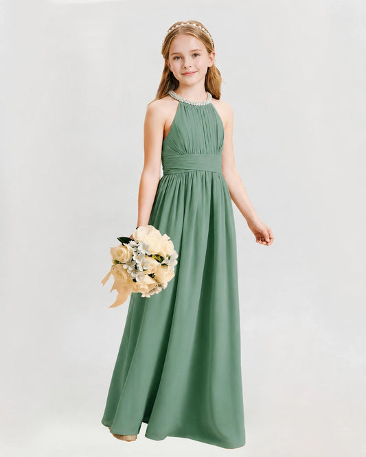 Eucalyptus Chiffon A-line Junior Bridesmaid Dress Front View