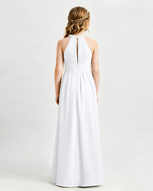White Chiffon A-line Junior Bridesmaid Dress Back View
