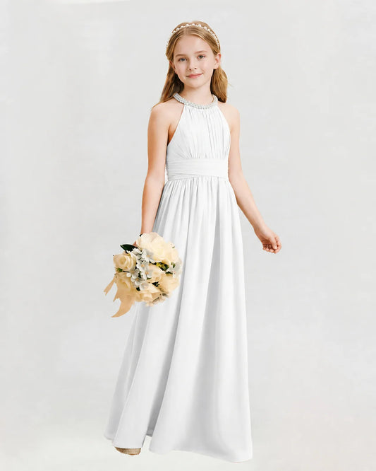 White Chiffon A-line Junior Bridesmaid Dress Front View