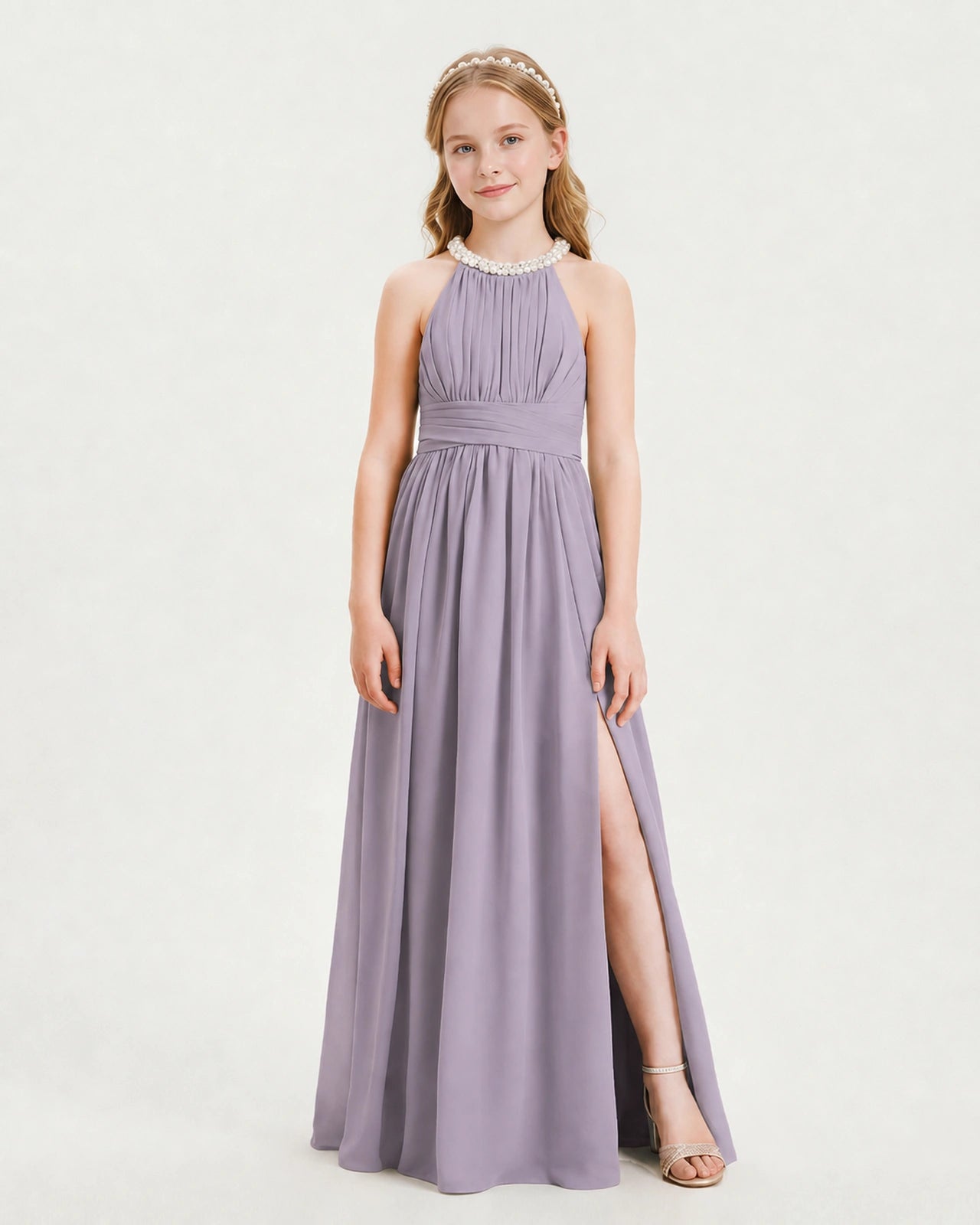 Wisteria Junior Bridesmaid Dress Pearl Trim Halter Slit Chiffon Floor-Length Gown Front View