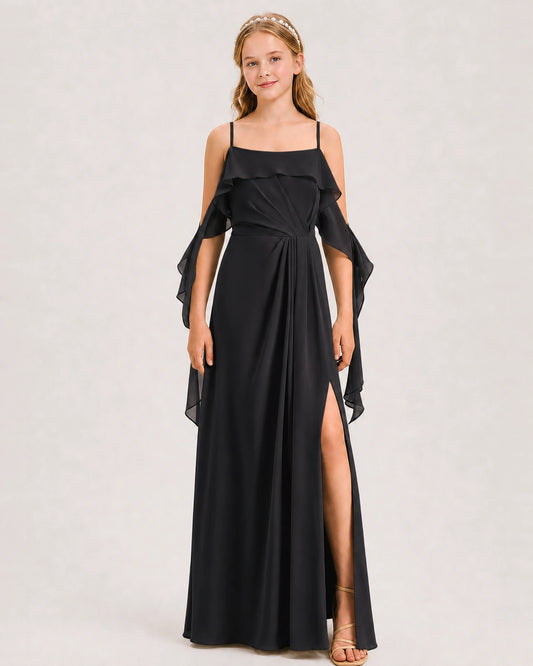 Black Chiffon A-line Junior Bridesmaid Dress Front View