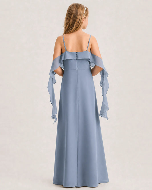 Dusty Blue Chiffon A-line Junior Bridesmaid Dress Back View