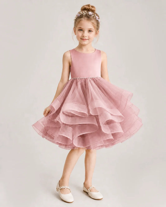 Dusty Rose Tulle Ball Gown Girls Formal Dress Front View