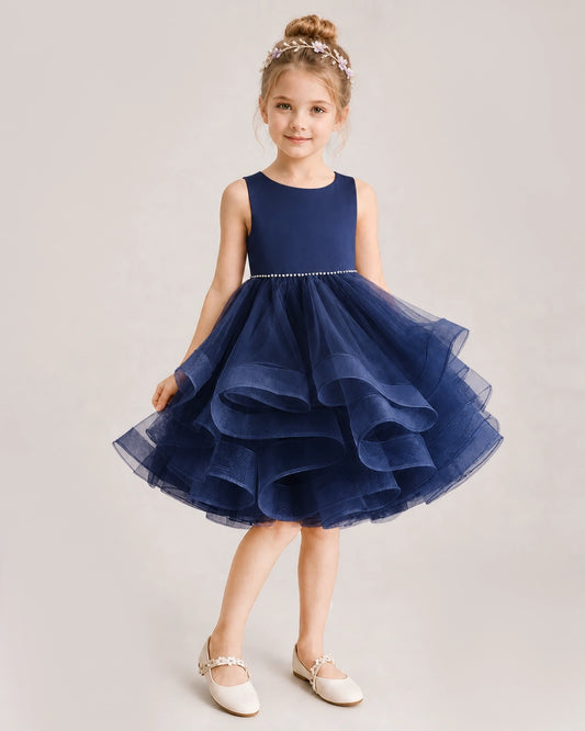 Navy Blue Tulle Ball Gown Girls Formal Dress Front View