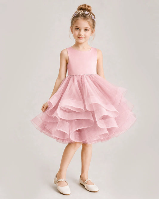 Pink Tulle A-line Girls Formal Dress Front View