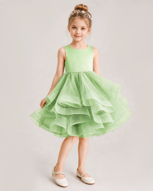 Sage Green Organza Ball Gown Girls Formal Dress Front View