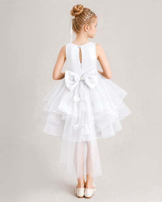 White Tulle A-line Girls Formal Dress Back View