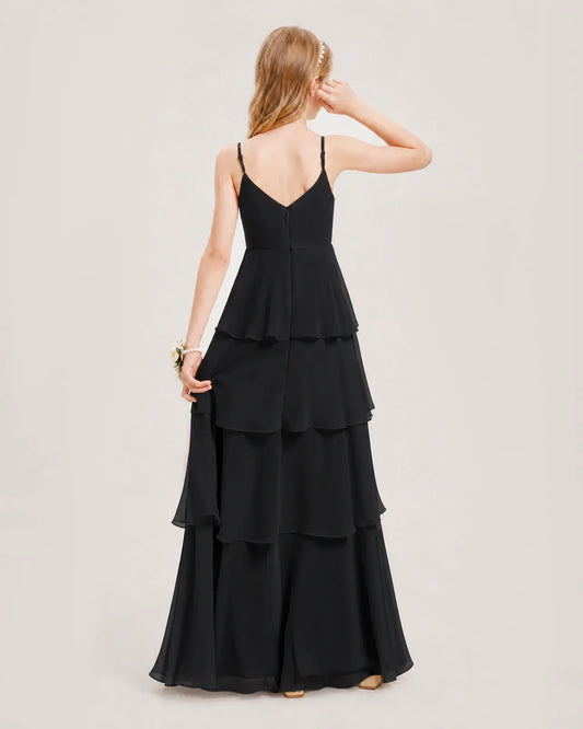 Black Chiffon A-line Junior Bridesmaid Dress Back View