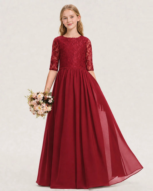Burgundy Lace A-line Junior Bridesmaid Dress Front View