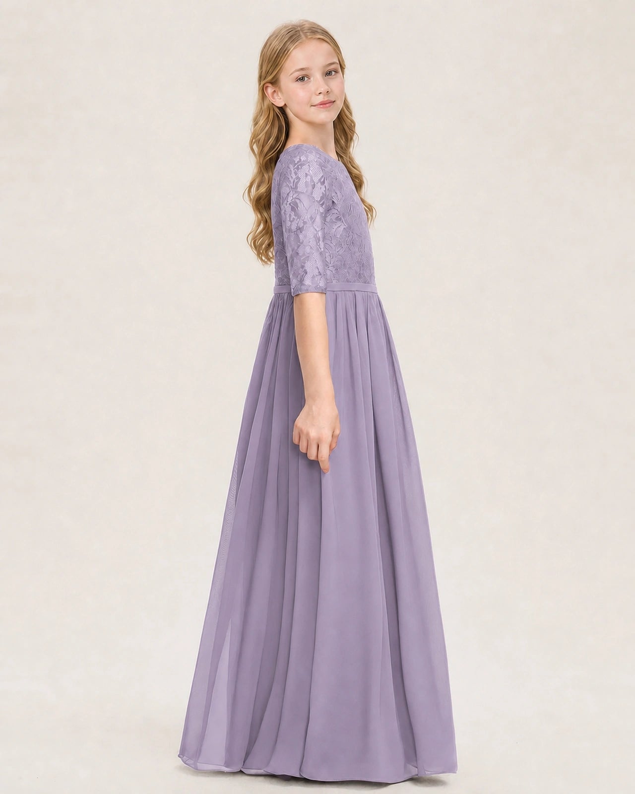 Wisteria Junior Bridesmaid Dress Sheer Lace Sleeve Chiffon Floor-Length Gown Side View