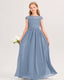 Dusty Blue Junior Bridesmaid Dress Lace Bodice Pleated Waist Chiffon Floor-Length Gown Front View