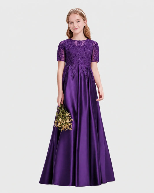 Purple Satin A-line Junior Bridesmaid Dress Front View
