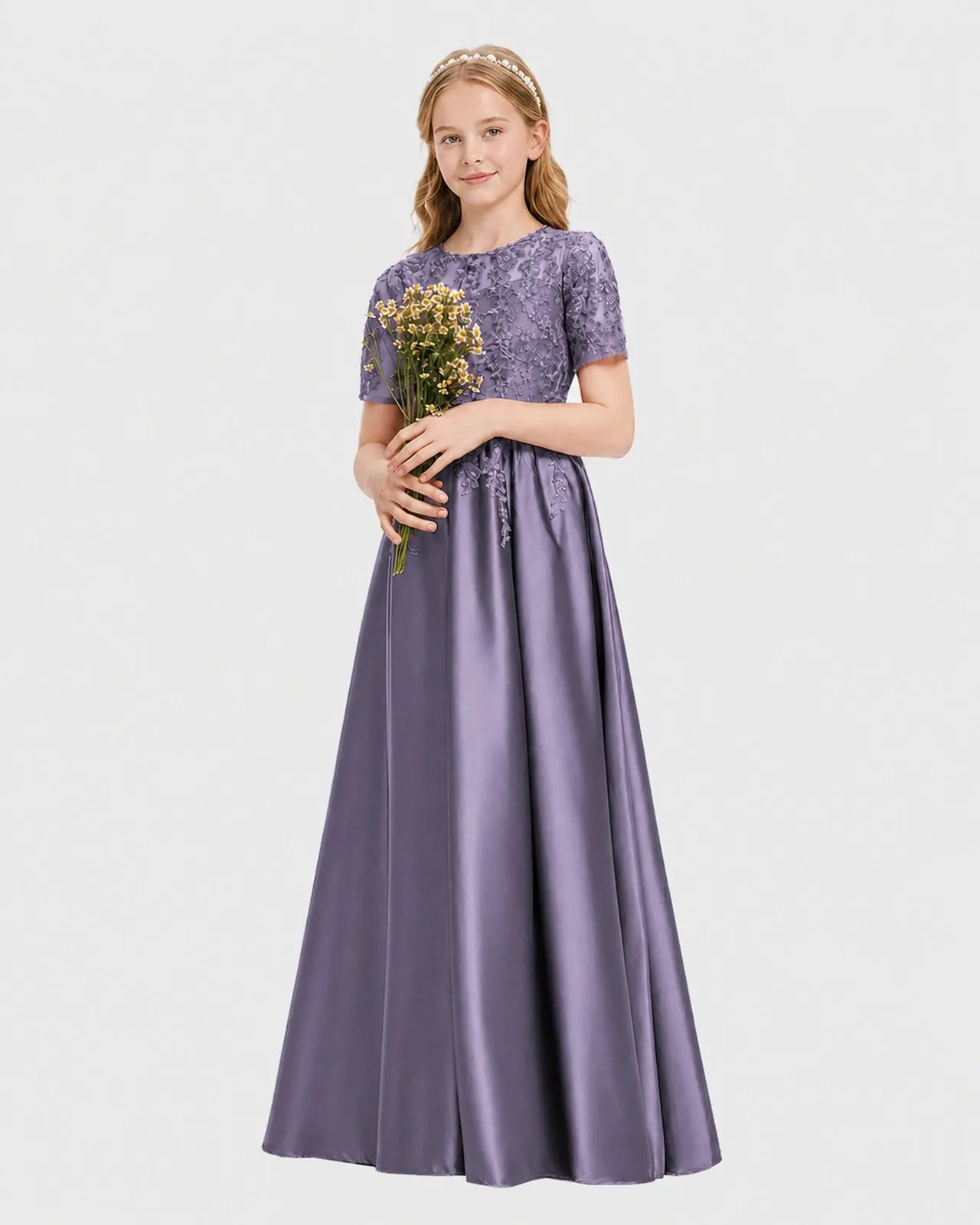 Wisteria Satin A-line Junior Bridesmaid Dress Front View