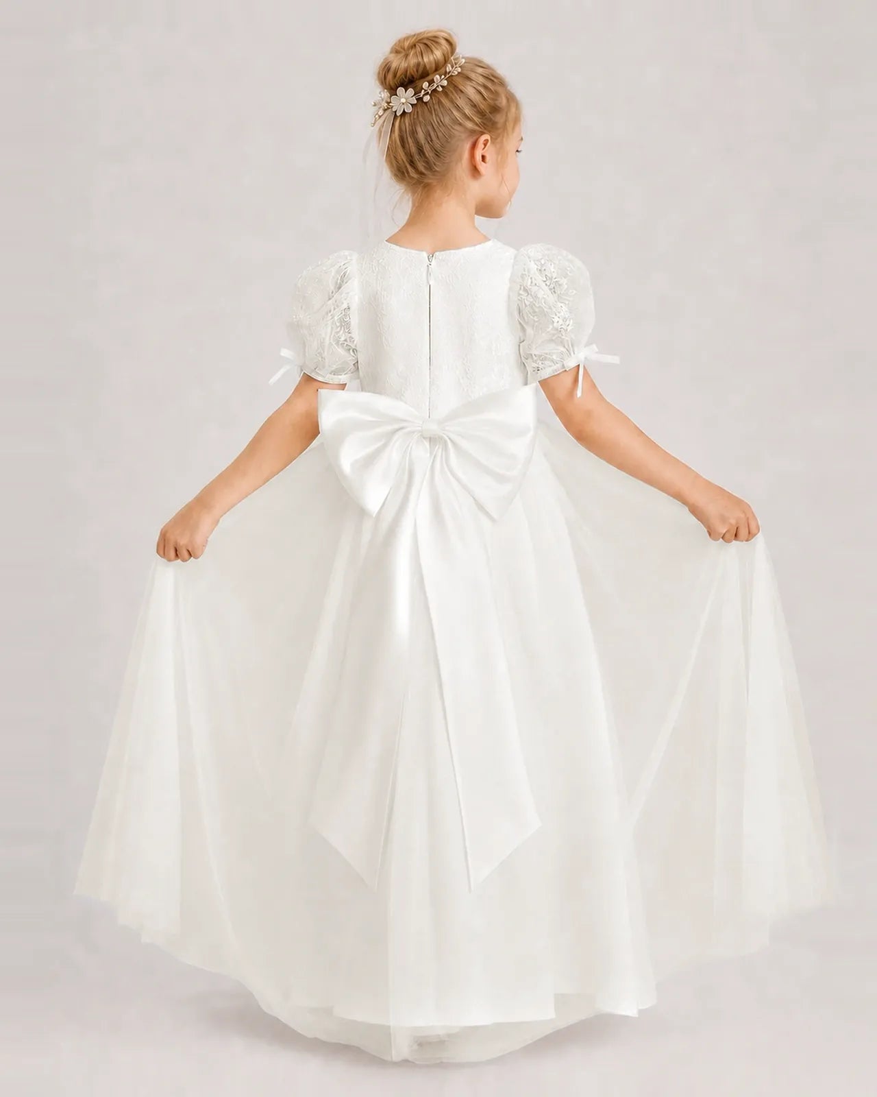 ivory first communion dress | Lace Puff Sleeve Tulle Gown subcat:Sleeveless Dresses