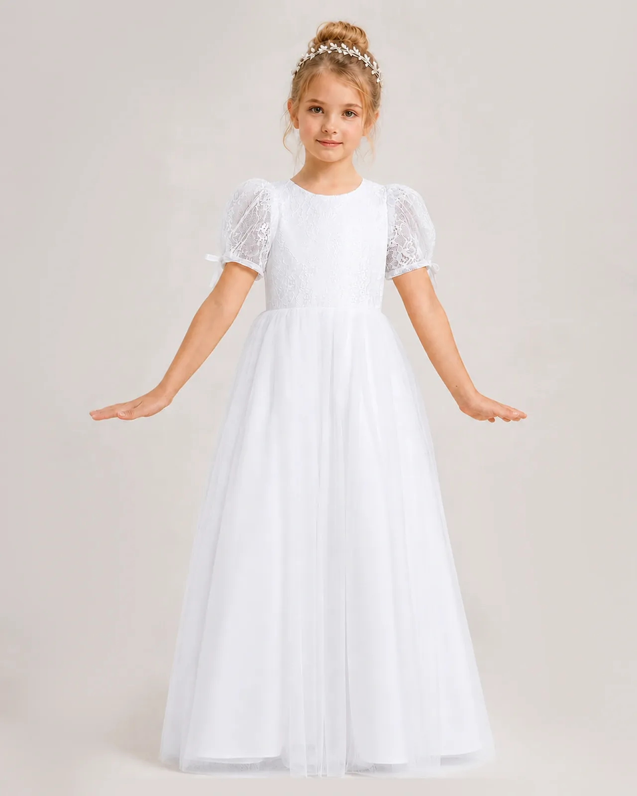 White Lace A-line First Communion Dress Front View