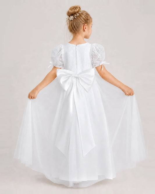 White Tulle A-line First Communion Dress Back View